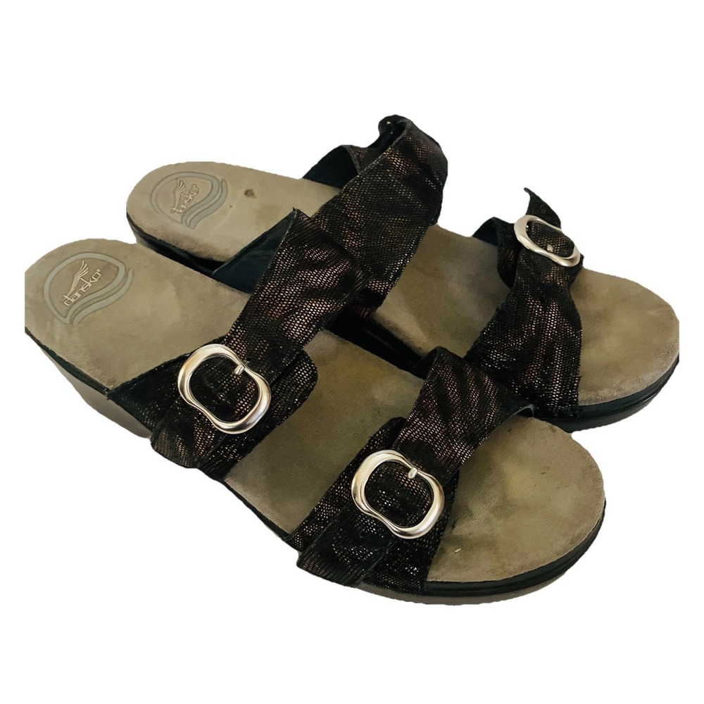 Dansko Sandals Women Sz 12 / 42 Shoes Black Gold Leather Wedge Platform‎ Slide